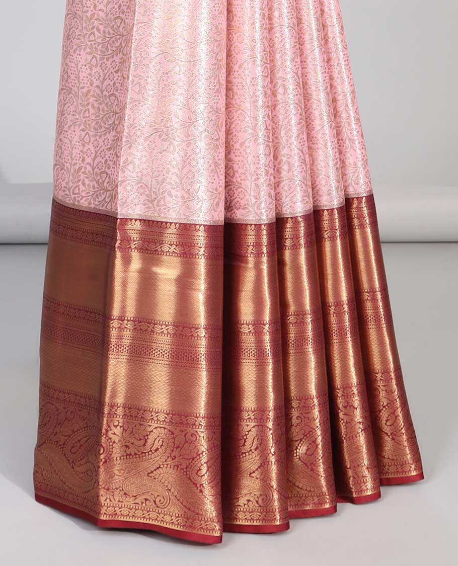 Pink floral jacquard budget silk saree with contrast zari design border & intricate zari design pallu