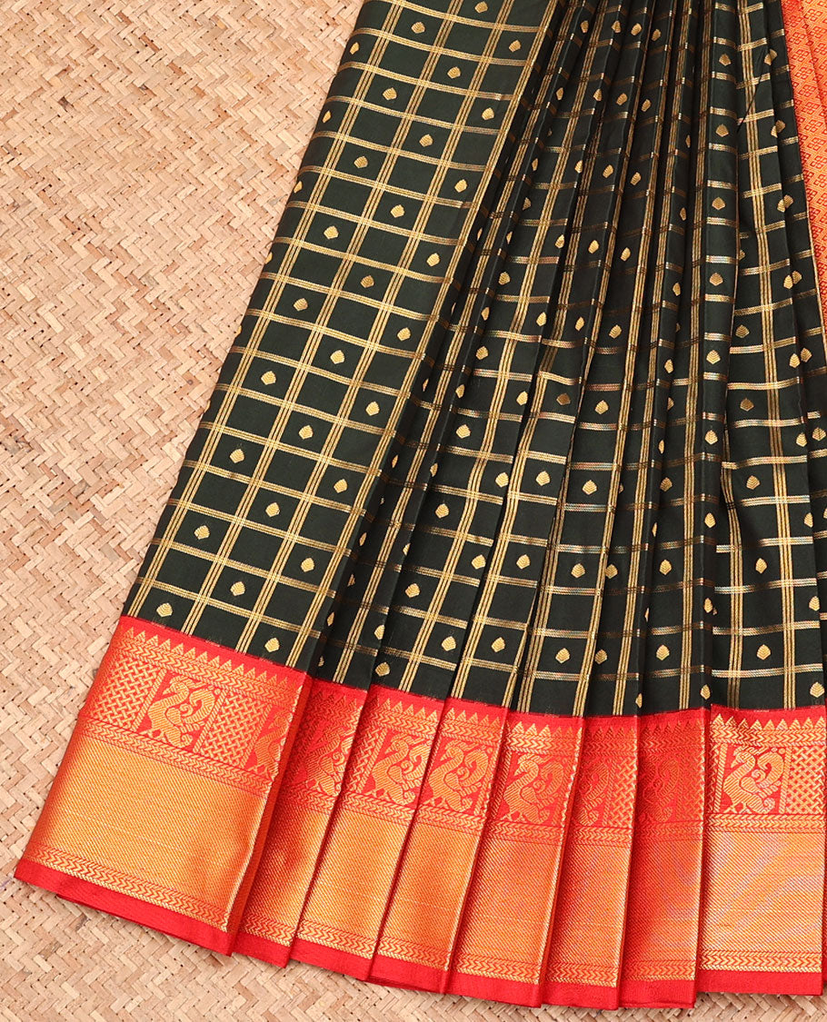 Dark Green Budget Silk Saree, Accentuated with Zari Butta Enclosed Checked Design All Over Its Body, Complemented by a Contrast Traditional Zari Design Border, Pallu of Jaal Design, and Paired with a Contrast Blouse