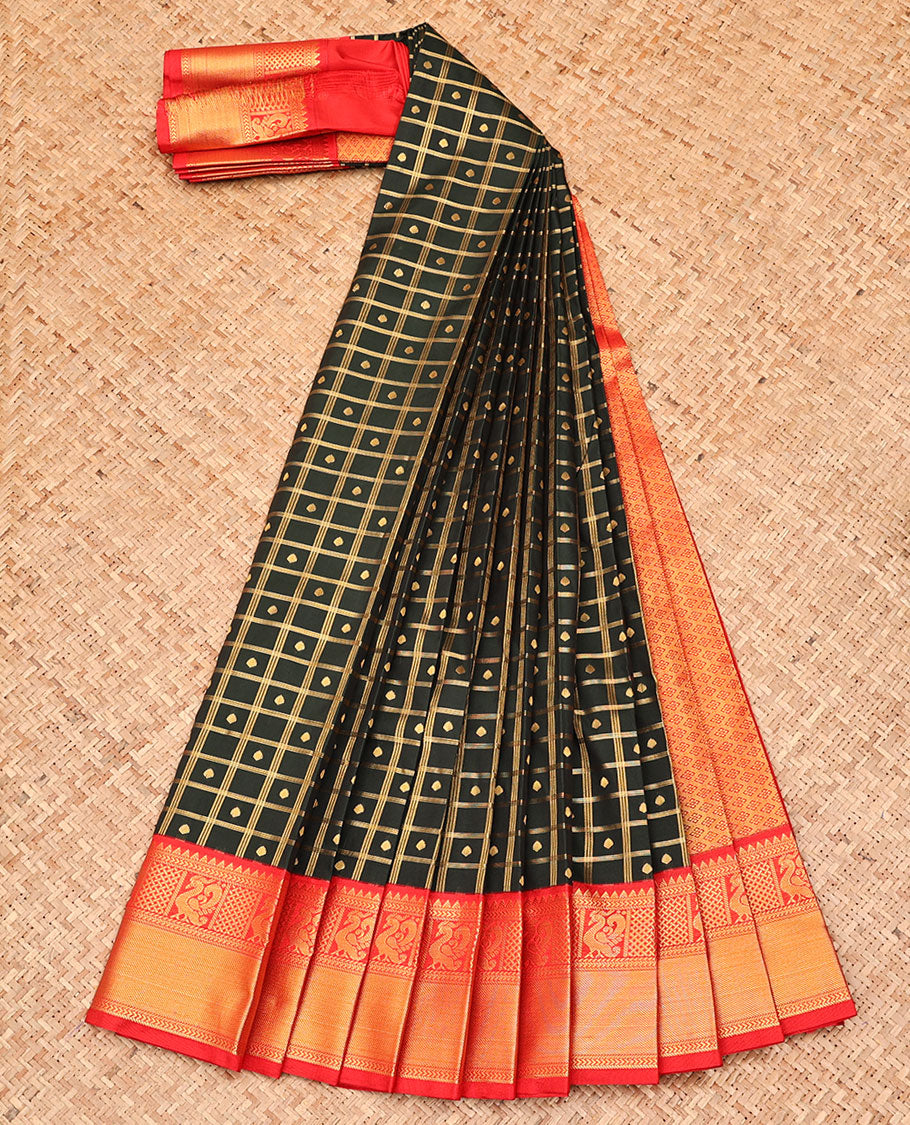 Dark Green Budget Silk Saree, Accentuated with Zari Butta Enclosed Checked Design All Over Its Body, Complemented by a Contrast Traditional Zari Design Border, Pallu of Jaal Design, and Paired with a Contrast Blouse