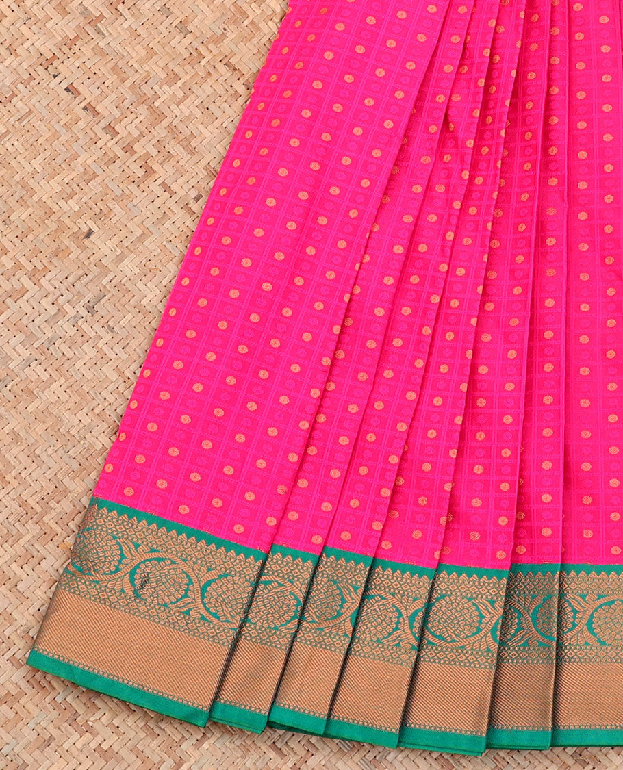Pink Budget Silk Saree, Richly Detailed with Zari Butta Enclosed Checks on Its Body, Complemented by a Contrast Traditional Zari Border, Grand Pallu, and Paired with a Contrast Blouse
