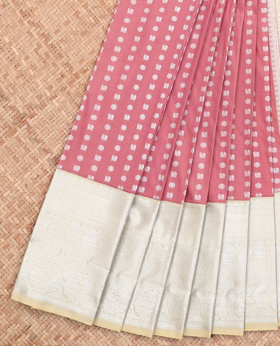 Rosewood Pink Budget Silk Saree, Embellished with Peacock and Chakram Buttas All Over Its Body, Complemented by a Contrast Traditional Zari Design Border, Grand Jaal Pallu, and Paired with a Contrast Blouse
