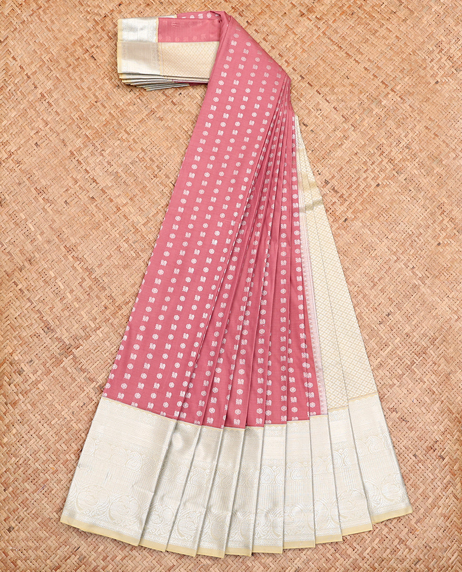 Rosewood Pink Budget Silk Saree, Embellished with Peacock and Chakram Buttas All Over Its Body, Complemented by a Contrast Traditional Zari Design Border, Grand Jaal Pallu, and Paired with a Contrast Blouse