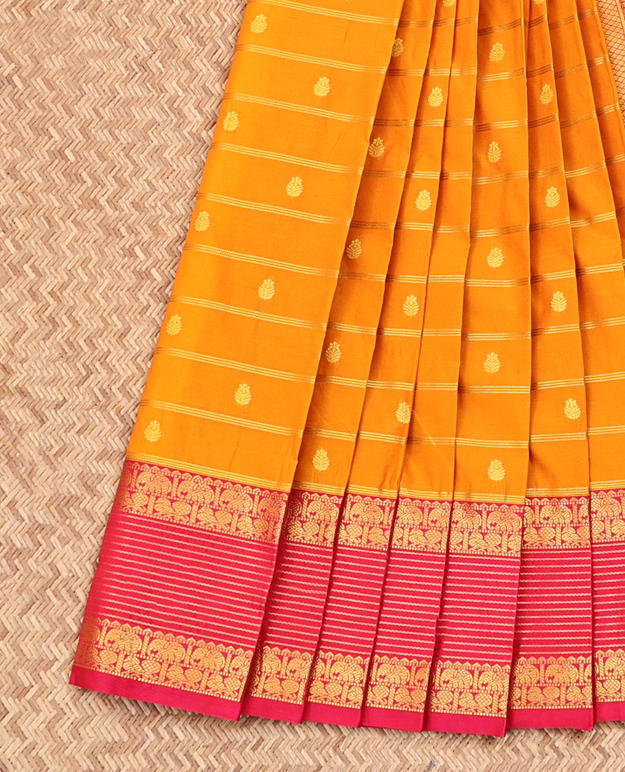 Orange Budget Silk Saree, Woven with Zari Buttas and Stripes on Its Body, Complemented by a Contrast Traditional Zari Border of Peacock-Elephant Designs, Grand Jaal Pallu, and Paired with a Contrast Blouse
