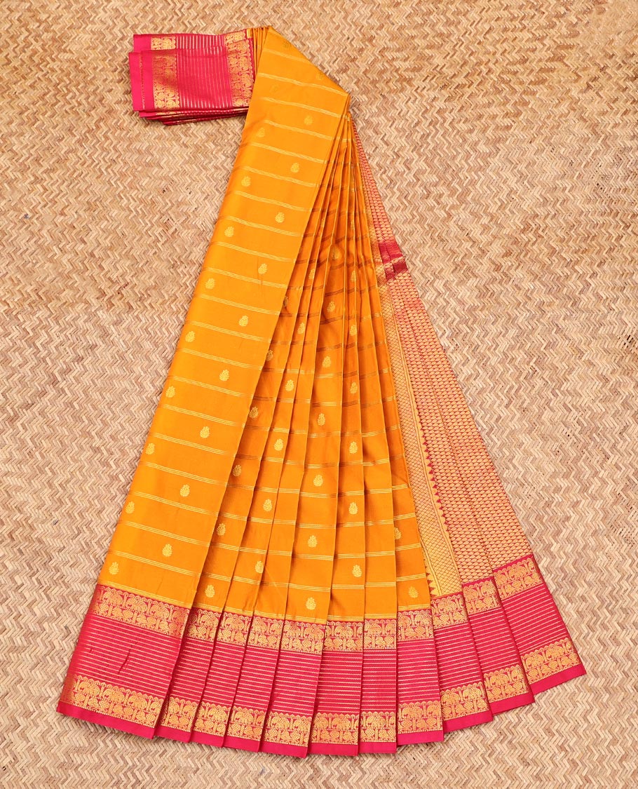 Orange Budget Silk Saree, Woven with Zari Buttas and Stripes on Its Body, Complemented by a Contrast Traditional Zari Border of Peacock-Elephant Designs, Grand Jaal Pallu, and Paired with a Contrast Blouse