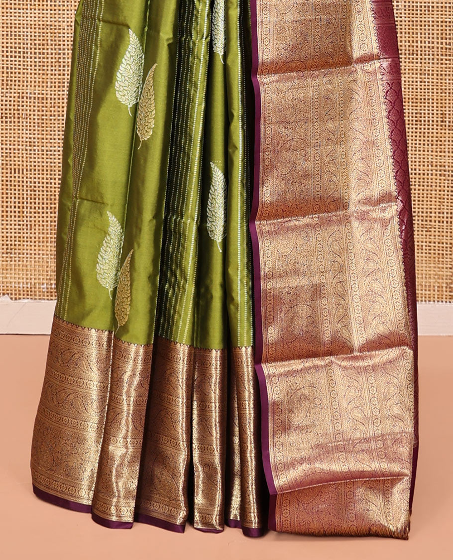 Green Budget Silk Saree, Enthralled with Zari Buttas and Stripes, Complemented by a Contrast Traditional Zari Border, Jaal Pallu, and a Contrast Blouse