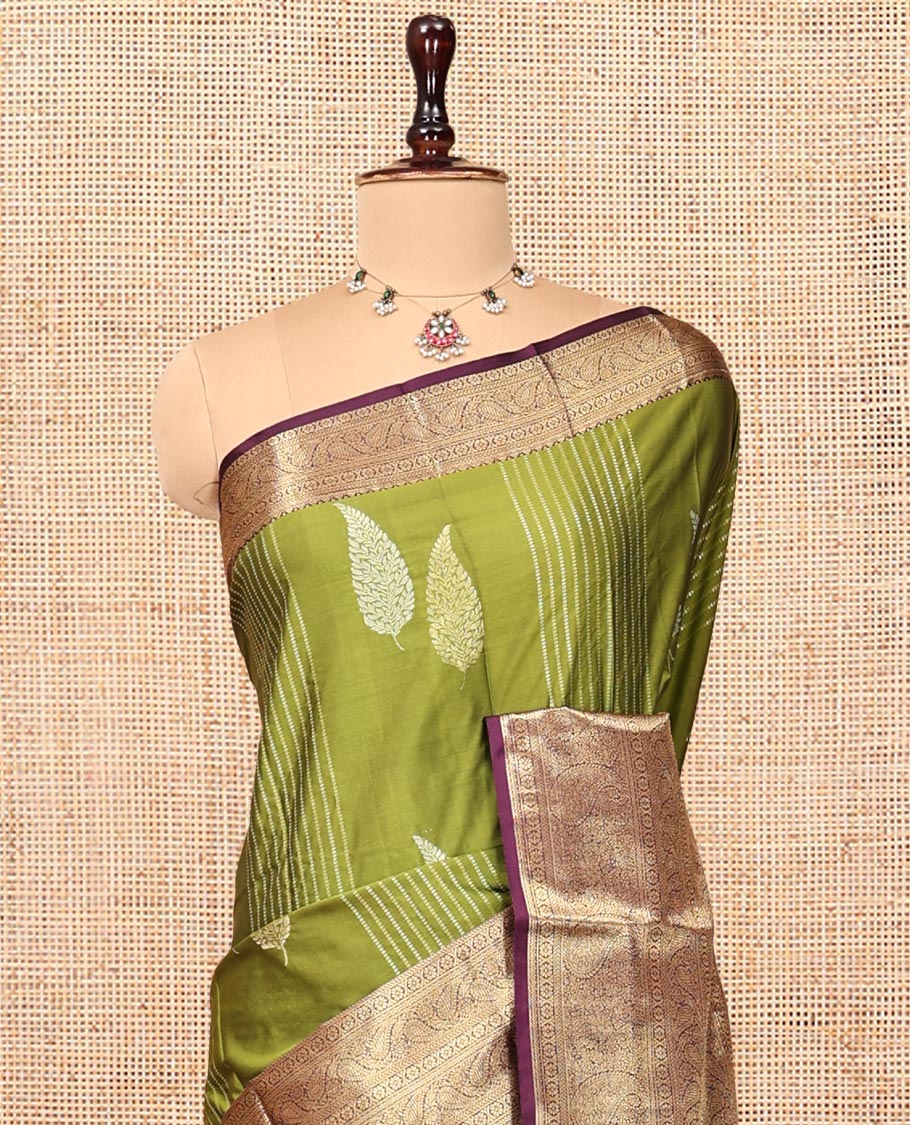 Green Budget Silk Saree, Enthralled with Zari Buttas and Stripes, Complemented by a Contrast Traditional Zari Border, Jaal Pallu, and a Contrast Blouse