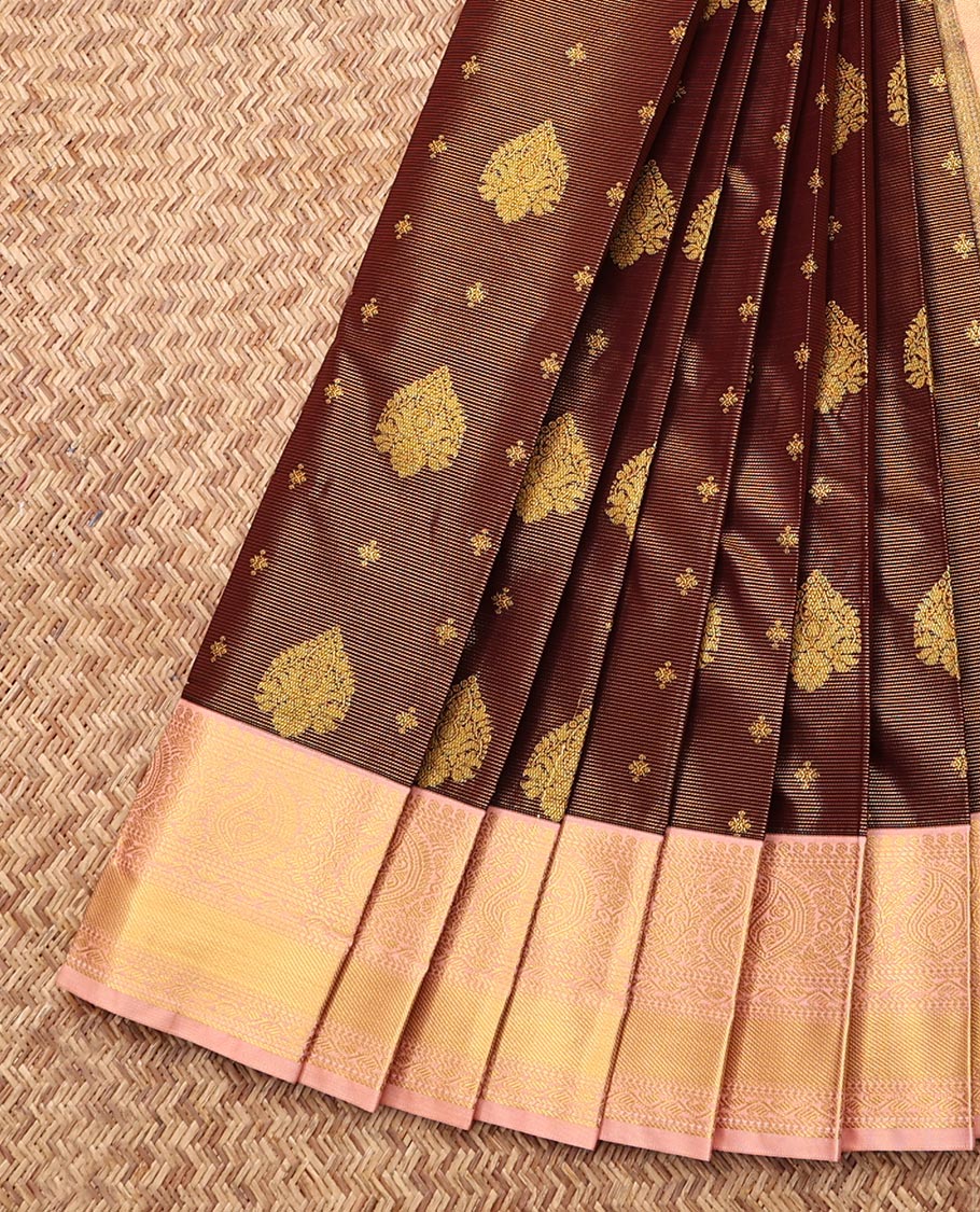 Brown Budget Silk Saree, Richly Detailed with Zari Buttas, Complemented by a Contrast Traditional Zari Border, Grand Pallu, and a Contrast Blouse