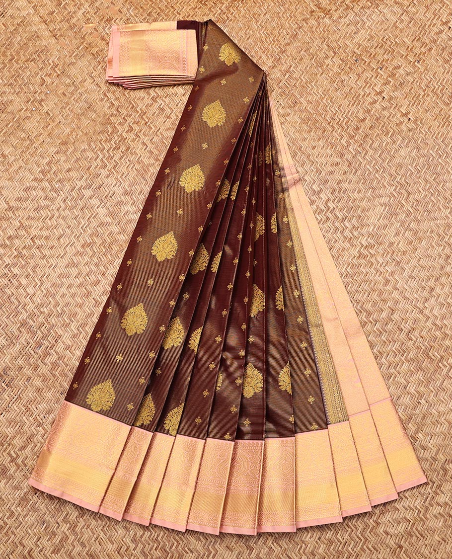 Brown Budget Silk Saree, Richly Detailed with Zari Buttas, Complemented by a Contrast Traditional Zari Border, Grand Pallu, and a Contrast Blouse