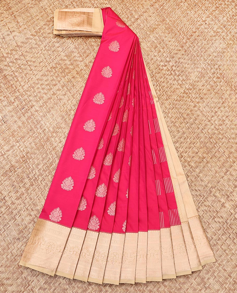 Pink Budget Silk Saree, Elevated with Zari Buttas, Complemented by a Contrast Traditional Zari Border, Grand Pallu, and a Contrast Blouse