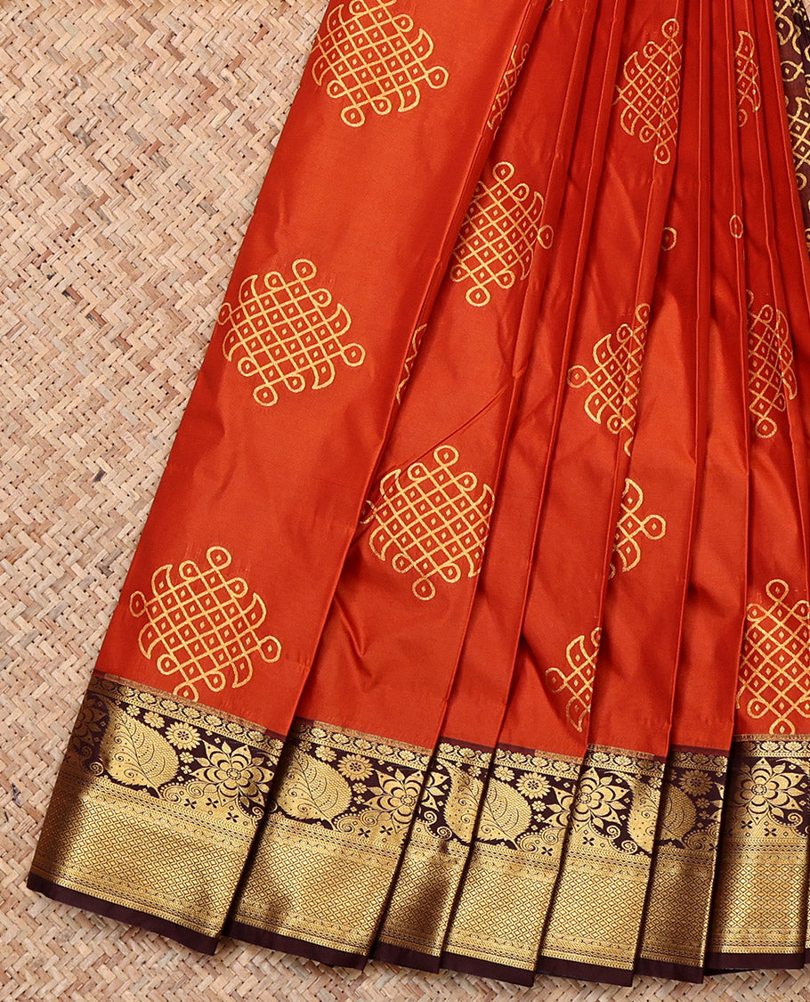 Orange Budget Silk Saree, Detailed with Zari Kolam Buttas, a Contrast Traditional Zari Border, Kolam Design Pallu, and a Contrast Blouse