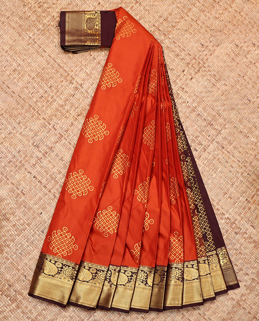 Orange Budget Silk Saree, Detailed with Zari Kolam Buttas, a Contrast Traditional Zari Border, Kolam Design Pallu, and a Contrast Blouse