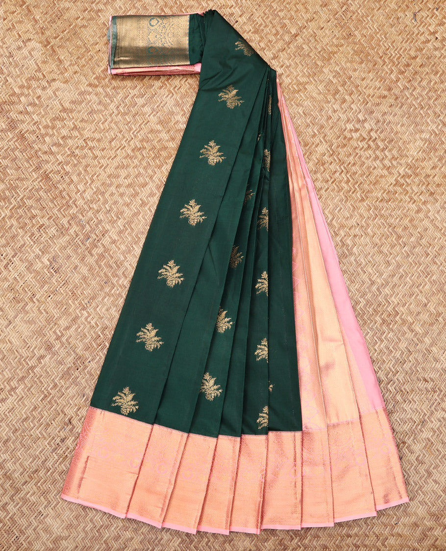Green Budget Silk Saree, Elevated with Zari Buttas, Complemented by a Contrast Traditional Zari Border, Grand Pallu, and a Contrast Blouse
