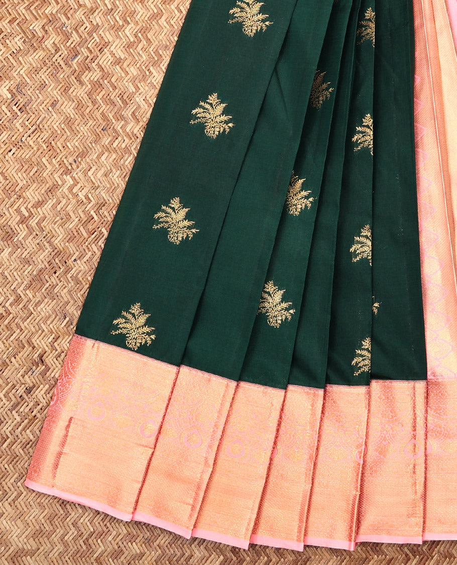 Green Budget Silk Saree, Elevated with Zari Buttas, Complemented by a Contrast Traditional Zari Border, Grand Pallu, and a Contrast Blouse