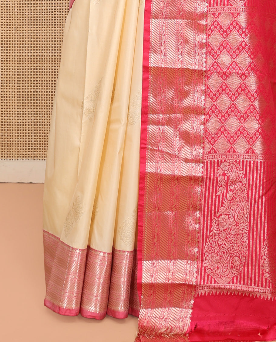 Sandal Budget Silk Saree, Subtly Sparkled with Zari Buttas, Complemented by a Contrast Traditional Zari Border, Pallu of Jaal and Paisleys, and Contrast Blouse