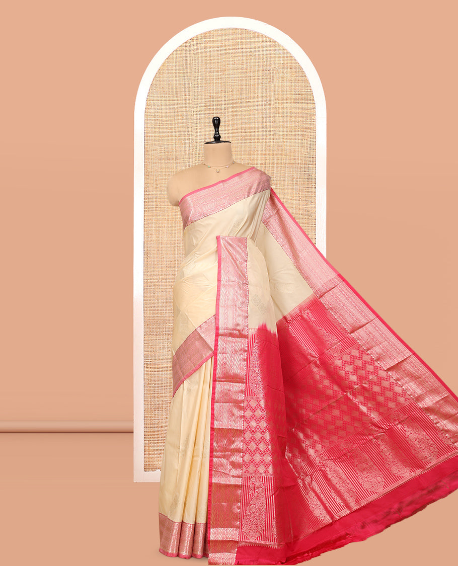 Sandal Budget Silk Saree, Subtly Sparkled with Zari Buttas, Complemented by a Contrast Traditional Zari Border, Pallu of Jaal and Paisleys, and Contrast Blouse