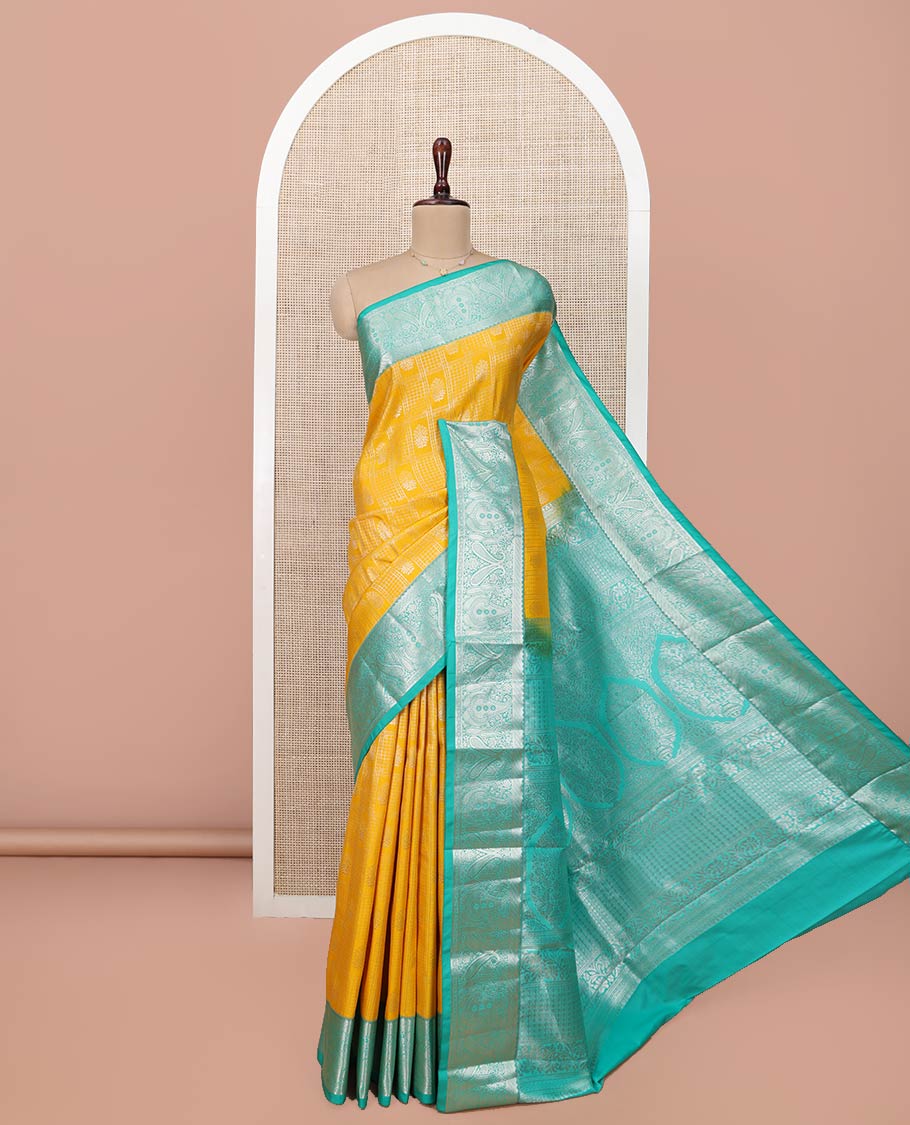 Yellow Budget Silk Saree, Elegantly Highlighted by Jacquard Design All Over Its Body, Complemented by a Contrast Traditional Zari Design Border, Opulently Embellished Pallu, and Paired with a Contrast Blouse