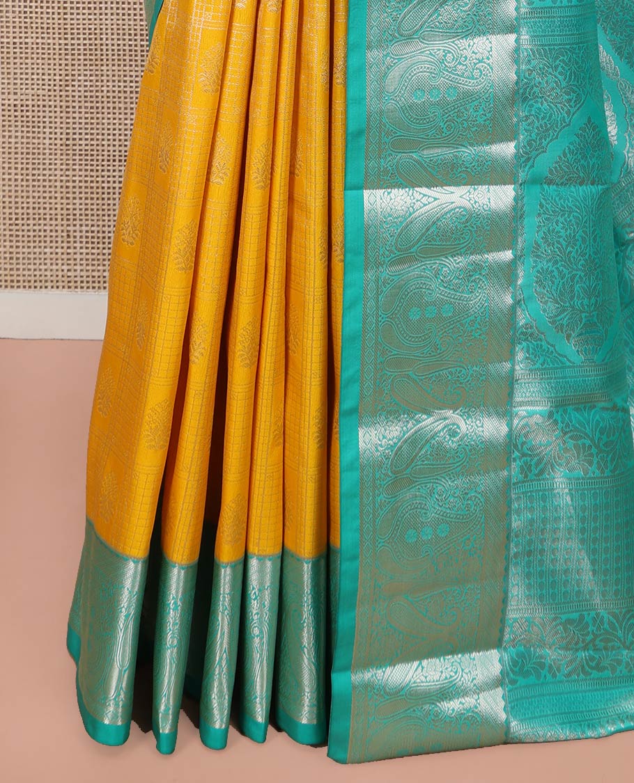 Yellow Budget Silk Saree, Elegantly Highlighted by Jacquard Design All Over Its Body, Complemented by a Contrast Traditional Zari Design Border, Opulently Embellished Pallu, and Paired with a Contrast Blouse