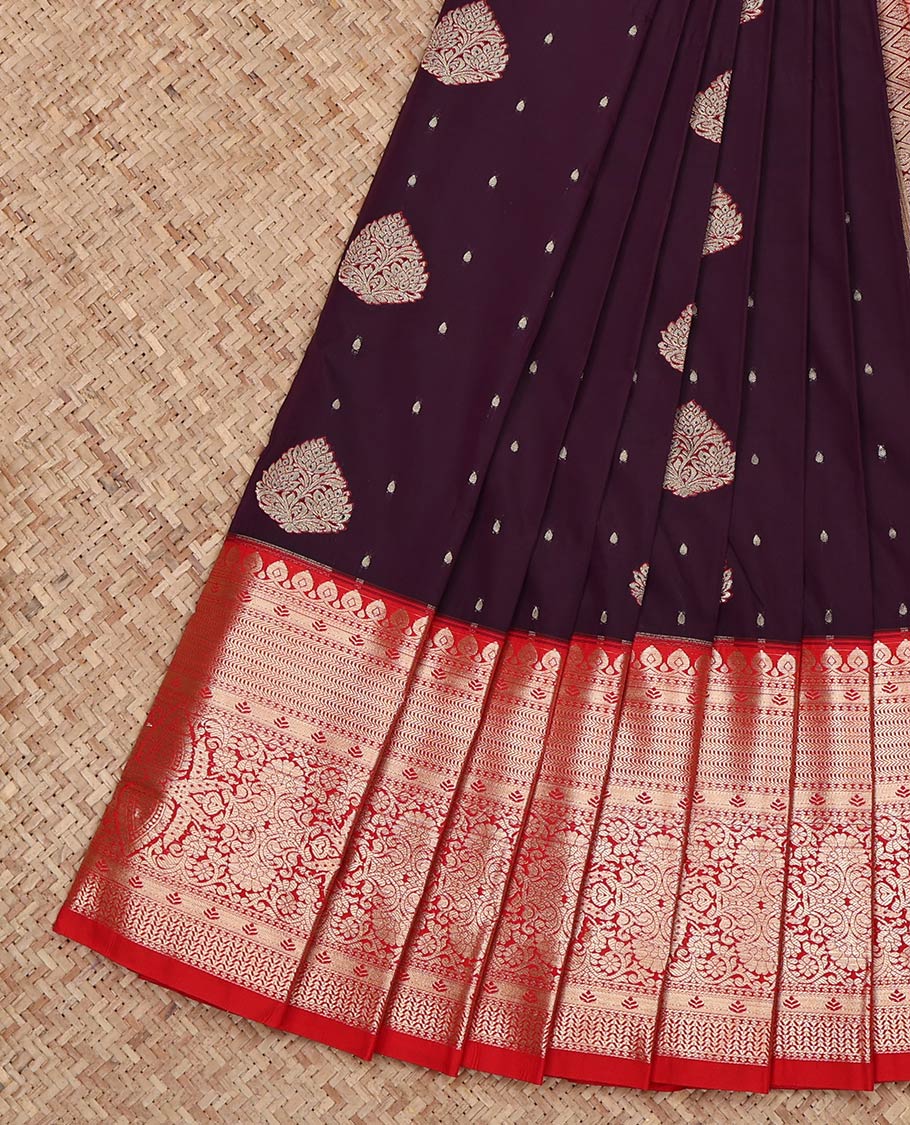 Wine Budget Silk Saree, Embellished with Zari Buttas on Its Body, Complemented by Contrast Traditional Zari Design Border, Grand Jaal Pallu, and Paired with a Contrast Blouse