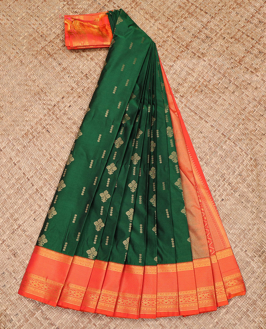 Green Budget Silk Saree, Bedecked with Zari Buttas All Over Its Body, Complemented by a Contrast Traditional Zari Design Border, Grand Jaal Pallu, and Paired with a Contrast Blouse