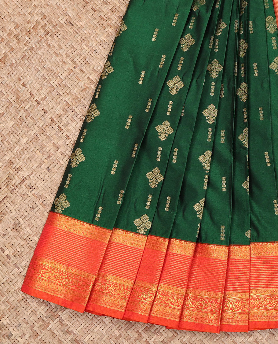 Green Budget Silk Saree, Bedecked with Zari Buttas All Over Its Body, Complemented by a Contrast Traditional Zari Design Border, Grand Jaal Pallu, and Paired with a Contrast Blouse
