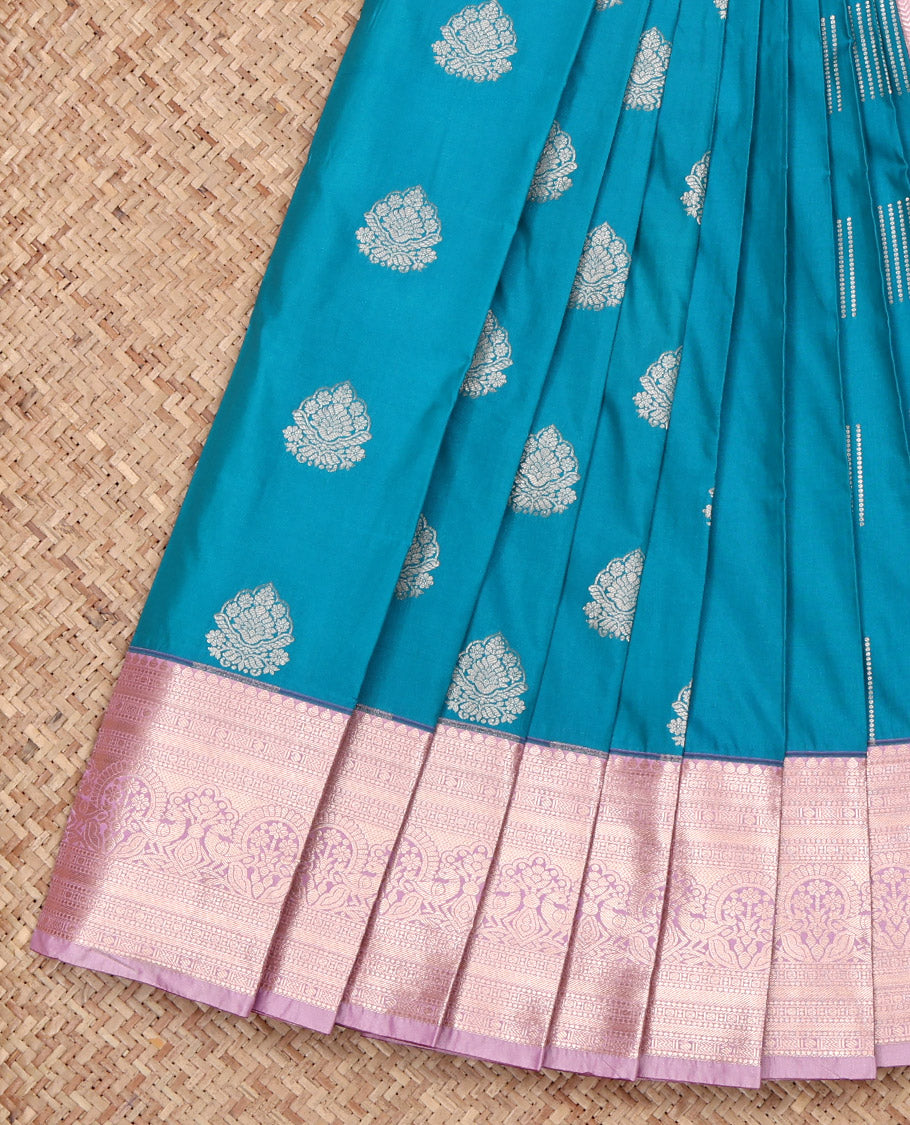Blue Budget Silk Saree, Subtly Woven with Zari Buttas All Over Its Body, Complemented by a Contrast Traditional Zari Design Border, Grandly Zari Woven Pallu, and Paired with a Contrast Blouse