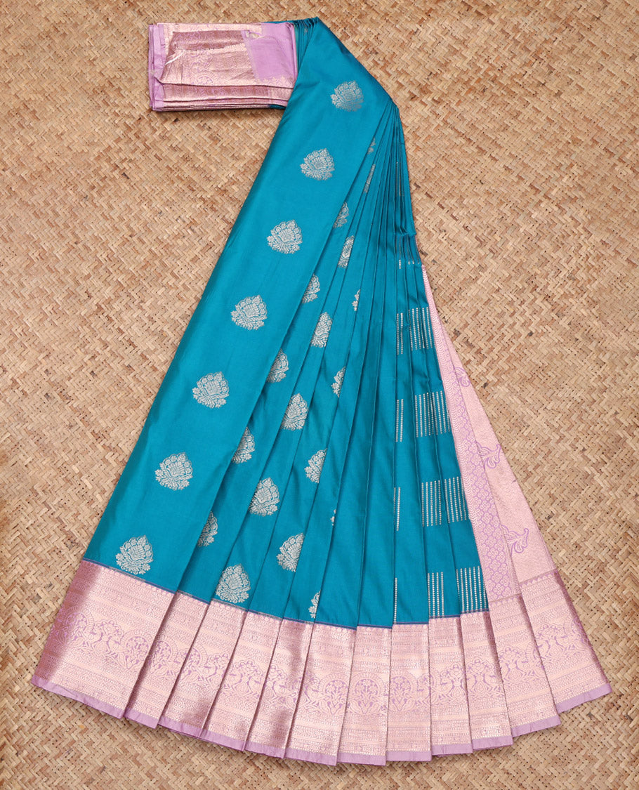 Blue Budget Silk Saree, Subtly Woven with Zari Buttas All Over Its Body, Complemented by a Contrast Traditional Zari Design Border, Grandly Zari Woven Pallu, and Paired with a Contrast Blouse