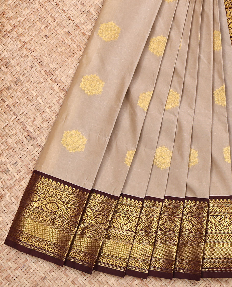 Grey Budget Silk Saree, Graced with Zari Buttas on Its Body, Complemented by a Contrast Traditional Zari Design Border, Pallu of Jaal Design, and Paired with a Contrast Blouse