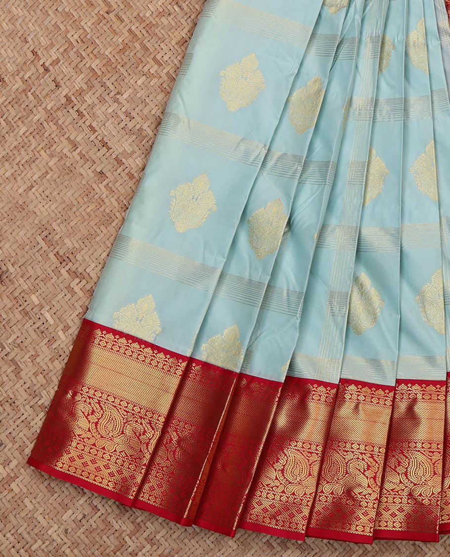 Light Blue Budget Silk Saree, Sparsely Woven with Buttas and Stripes, Complemented by Contrast Traditional Zari Border, Grand Pallu and a Contrast Blouse