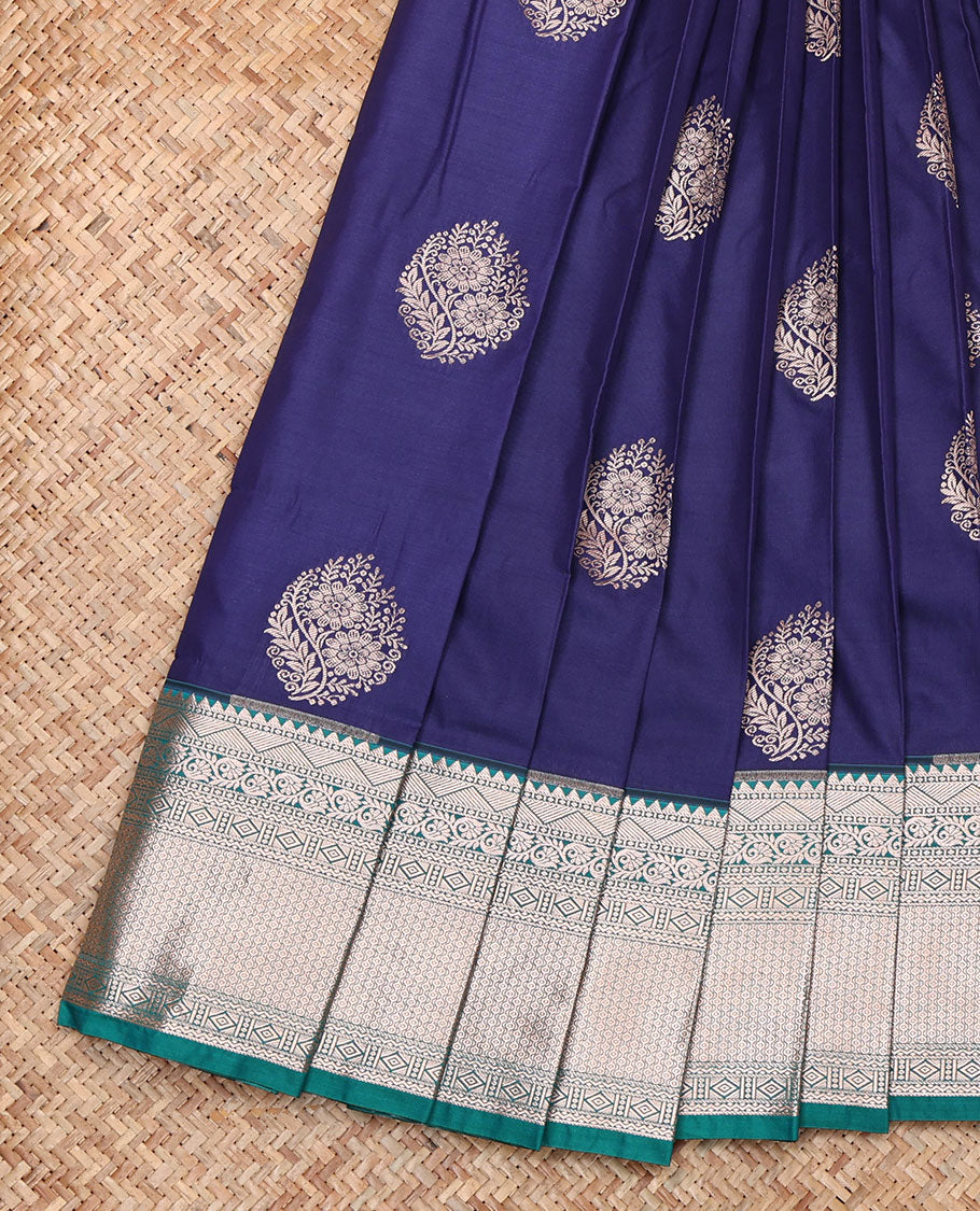 Blue Budget Silk Saree, Accentuated with Zari Buttas, Complemented by a Contrast Traditional Zari Border, Grand Jaal Pallu, and a Contrast Blouse