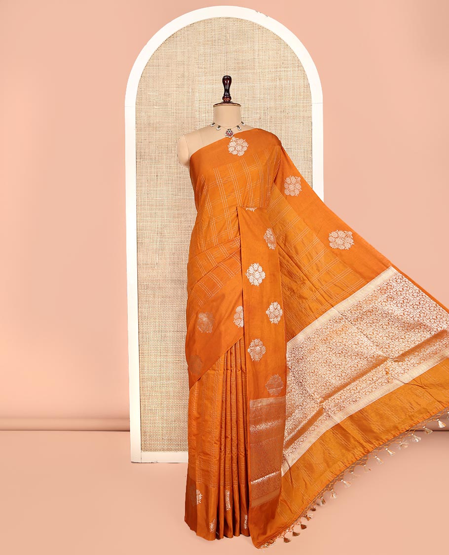 Orange Assam Silk Saree, Finely Crafted with Zari Checks, Highlighted by a Floral Zari Border, Intricate Pallu, and a Matching Blouse