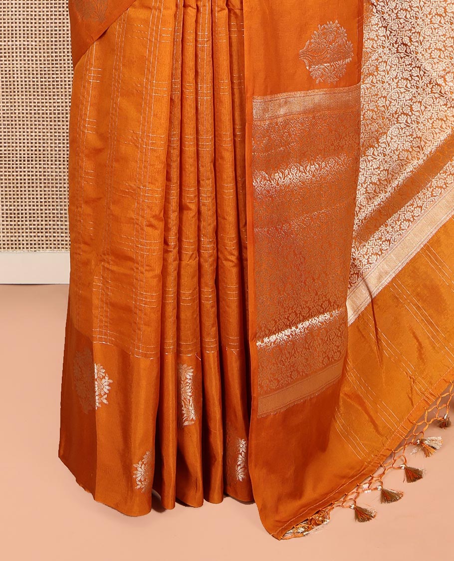 Orange Assam Silk Saree, Finely Crafted with Zari Checks, Highlighted by a Floral Zari Border, Intricate Pallu, and a Matching Blouse