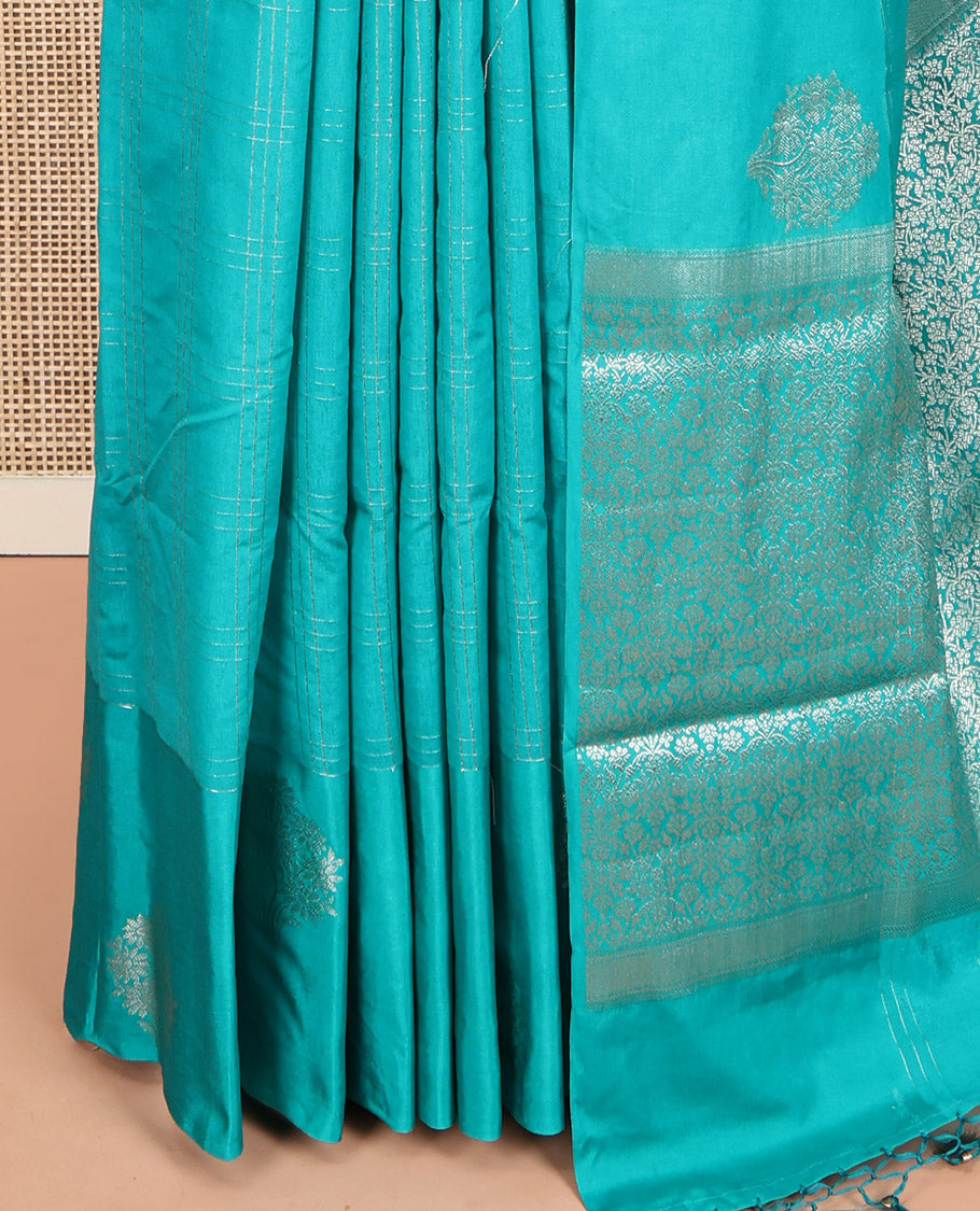 Blue Assam Silk Saree, Finely Crafted with Zari Checks, a Floral-Motif Zari Border, a Pallu of Intricate Zari Designs, and a Jacquard Blouse