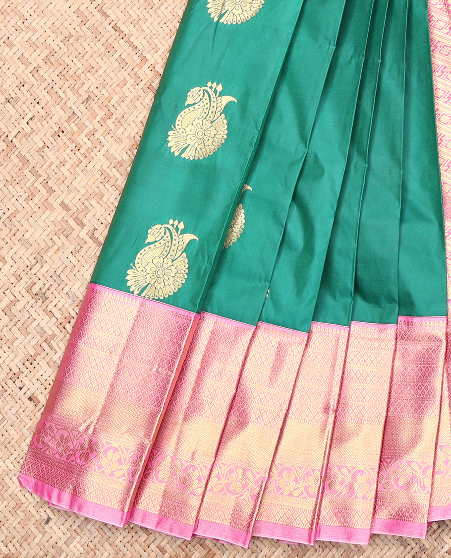 Green Budget Silk Saree, Detailed with Zari Buttas, Contrast Traditional Zari Border, Intricately Designed Pallu, and a Contrast Blouse