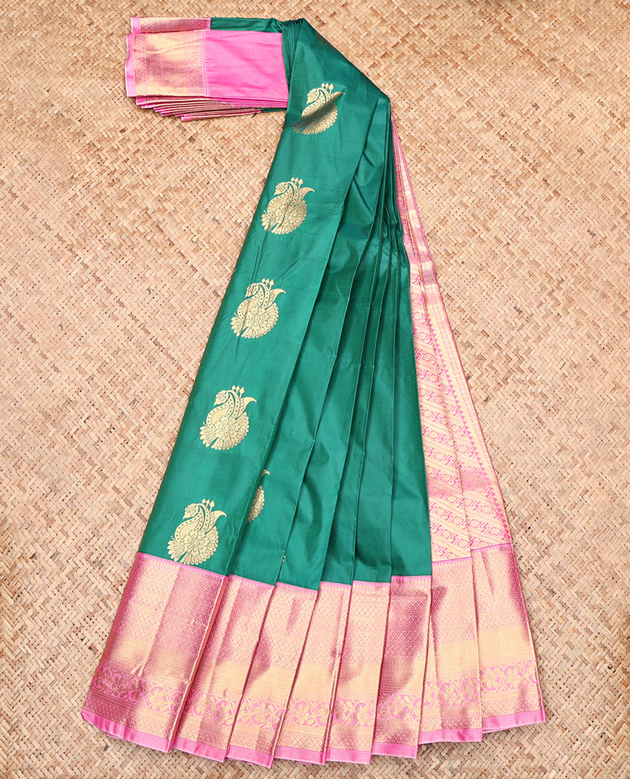 Green Budget Silk Saree, Detailed with Zari Buttas, Contrast Traditional Zari Border, Intricately Designed Pallu, and a Contrast Blouse