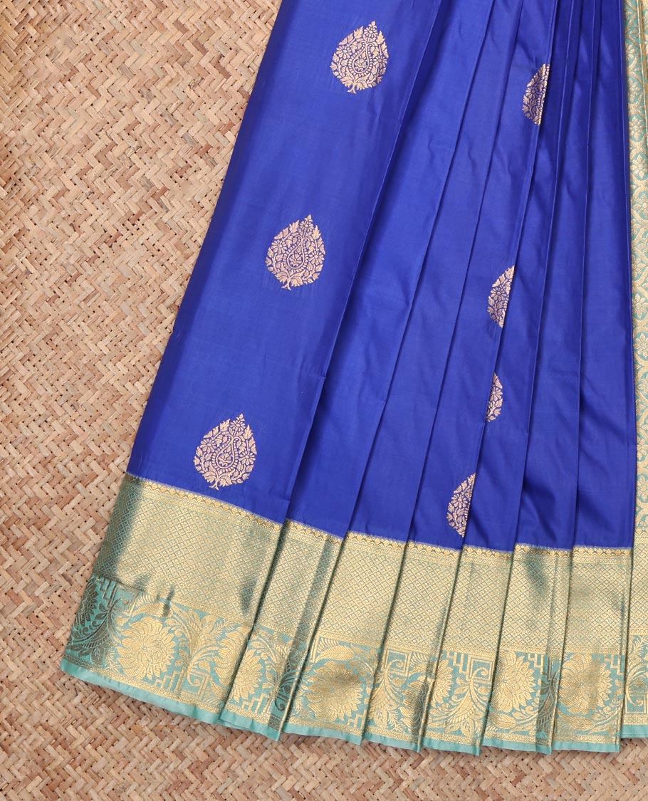 Blue Budget Silk Saree, Woven with Buttas, Complemented by Contrast Floral Creeper Zari Border, Jaal Pallu and a Contrast Blouse