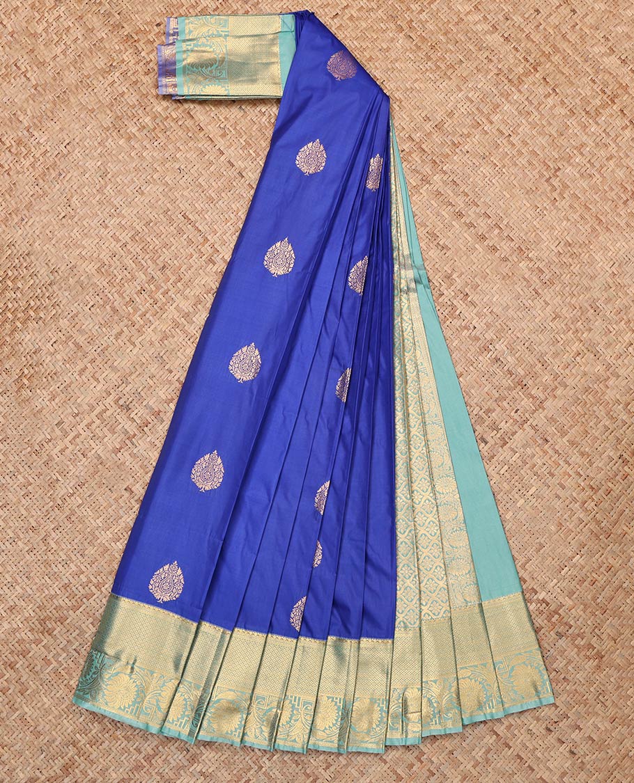 Blue Budget Silk Saree, Woven with Buttas, Complemented by Contrast Floral Creeper Zari Border, Jaal Pallu and a Contrast Blouse