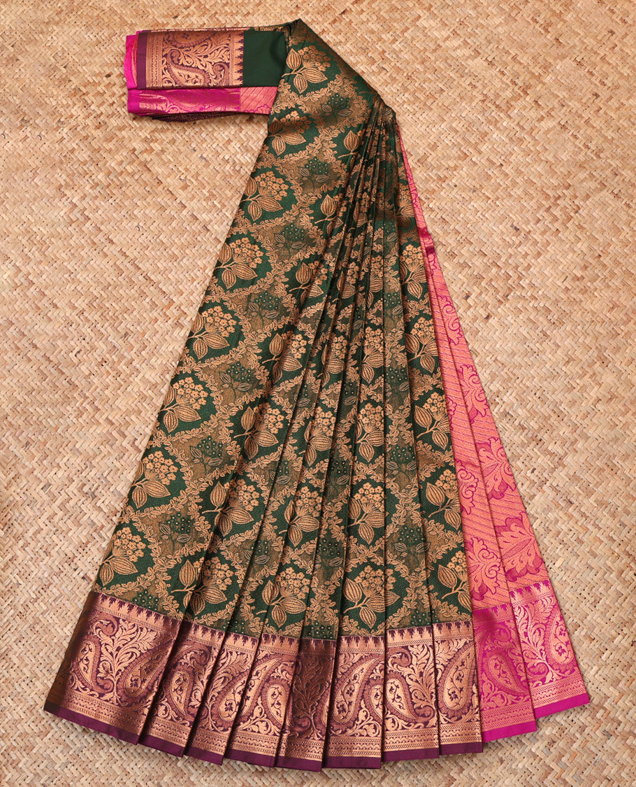 Green Budget Silk Saree, Enriched with Jacquard Design, Complemented by Contrast Paisley Border, Grand Pallu and a Contrast Blouse