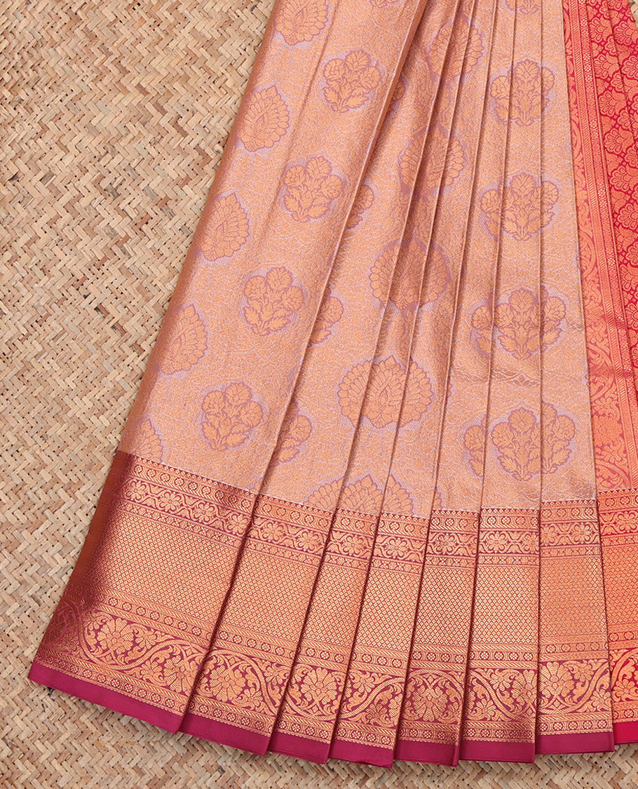 Peach Budget Silk Saree Features Jacquard, Complemented by Contrast Traditional Border, Grand Pallu and a Contrast Blouse