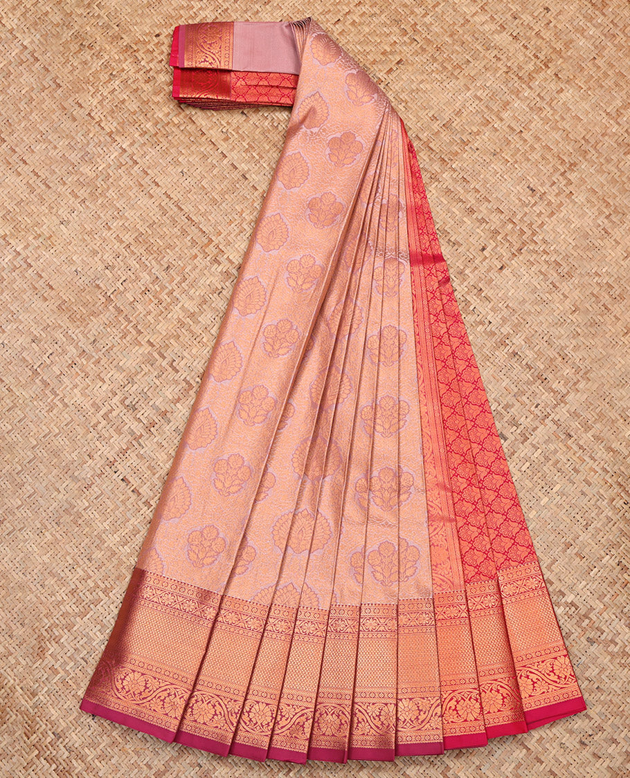 Peach Budget Silk Saree Features Jacquard, Complemented by Contrast Traditional Border, Grand Pallu and a Contrast Blouse