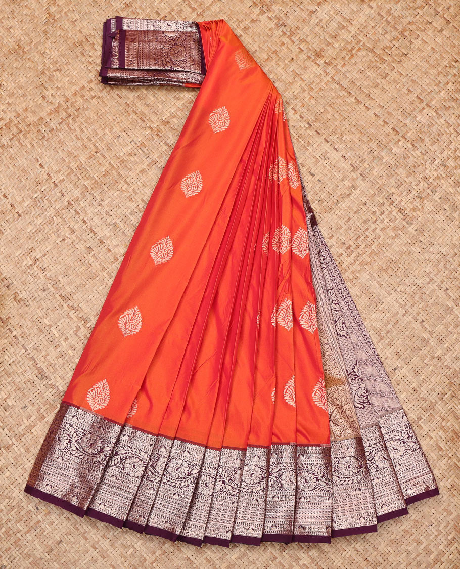 Orange Budget Silk Saree, Bedecked with Zari Buttas, Complemented by a Contrast Traditional Zari Border, Grand Pallu, and Contrast Blouse