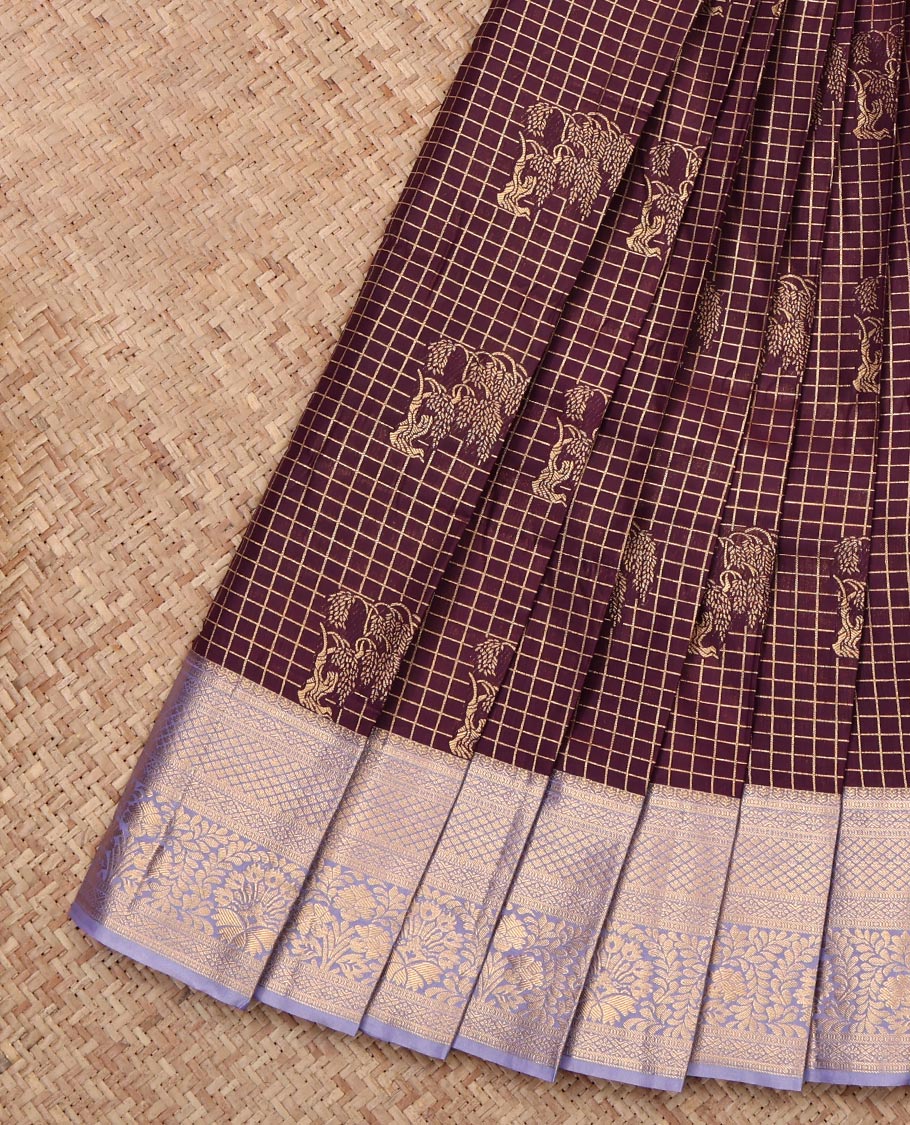 Maroon Budget Silk Saree, Decorated with Buttas and Checks, Complemented by a Contrast Traditional Zari Border, Grand Pallu, and a Contrast Blouse