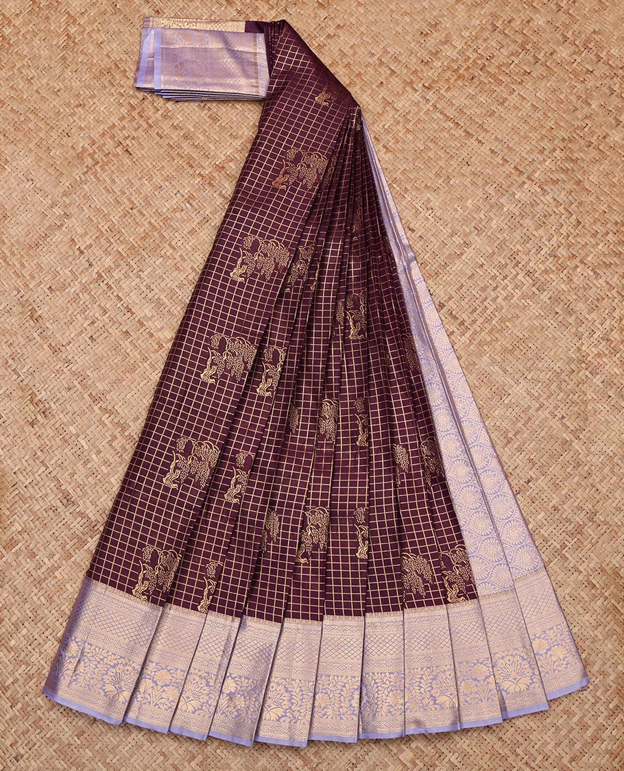 Maroon Budget Silk Saree, Decorated with Buttas and Checks, Complemented by a Contrast Traditional Zari Border, Grand Pallu, and a Contrast Blouse