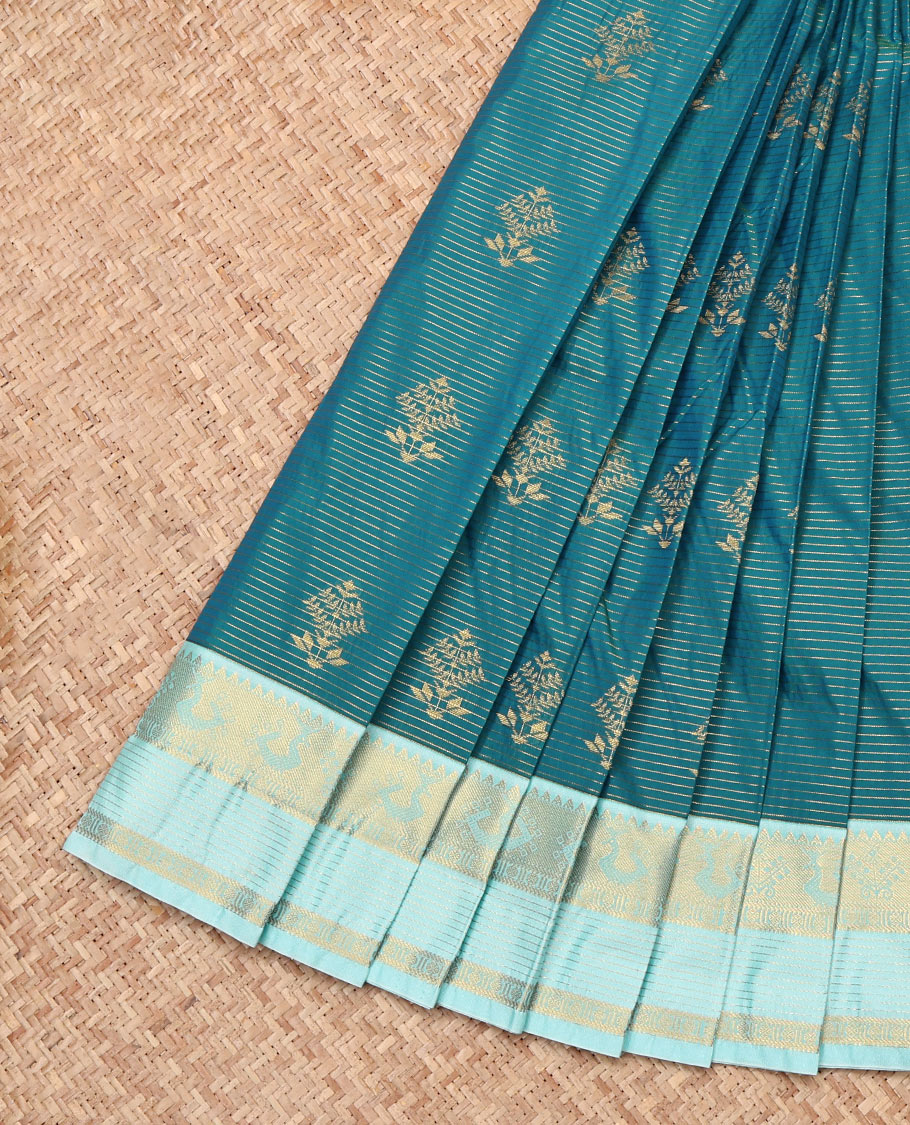 Blue Budget Silk Saree, Embellished with Zari Buttas and Stripes, Complemented by a Contrast Traditional Zari Border, Grand Pallu, and Contrast Blouse