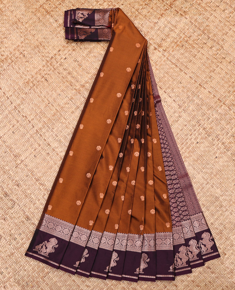 Copper Budget Silk Saree, Embellished with Zari Buttas, Complemented by a Contrast Traditional Zari Border of Singam Designs, Grand Pallu, and a Contrast Blouse
