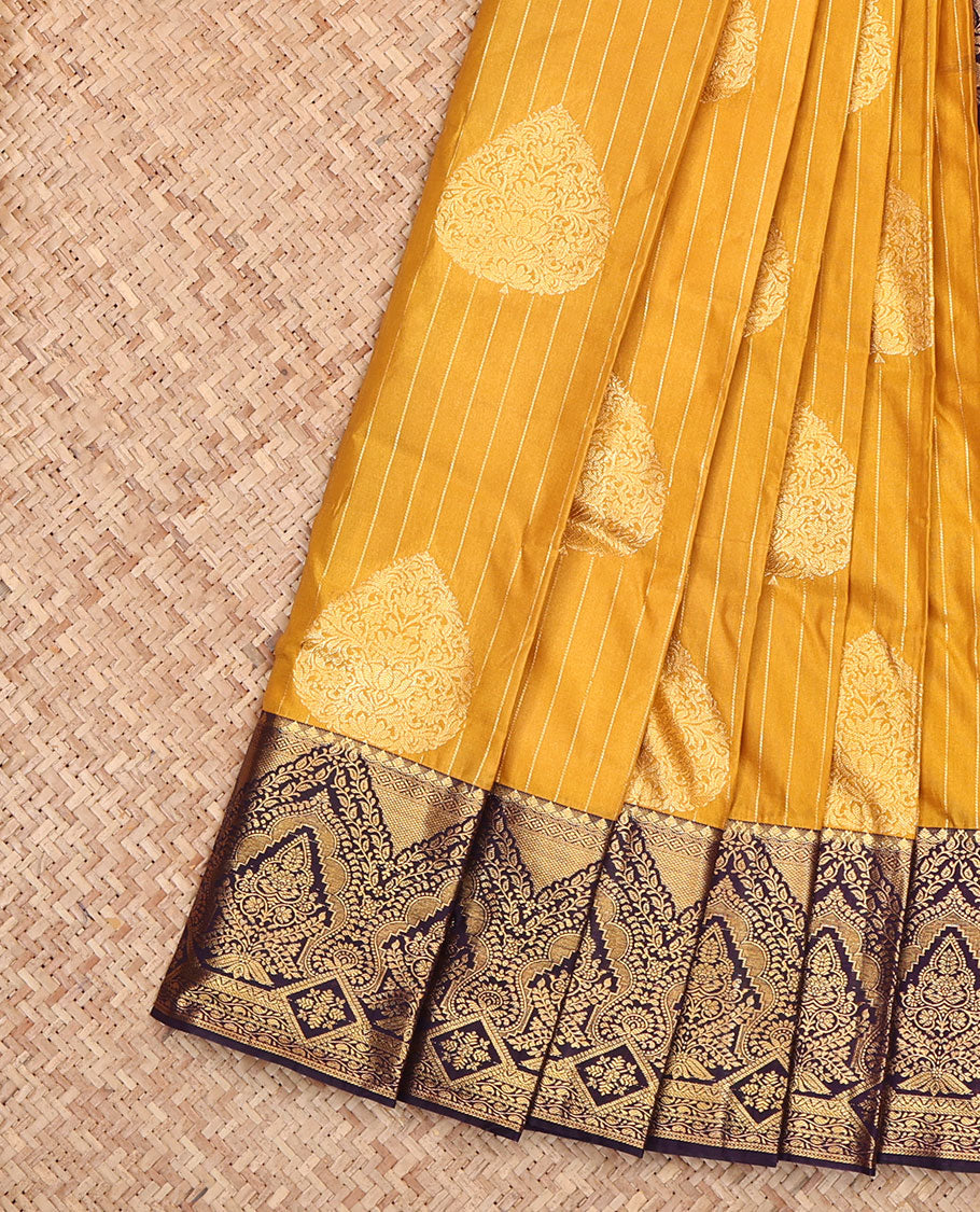 Mustard Budget Silk Saree, Elevated with Zari Buttas and Stripes, Complemented by a Contrast Traditional Zari Border, Intricately Designed Pallu, and a Contrast Blouse