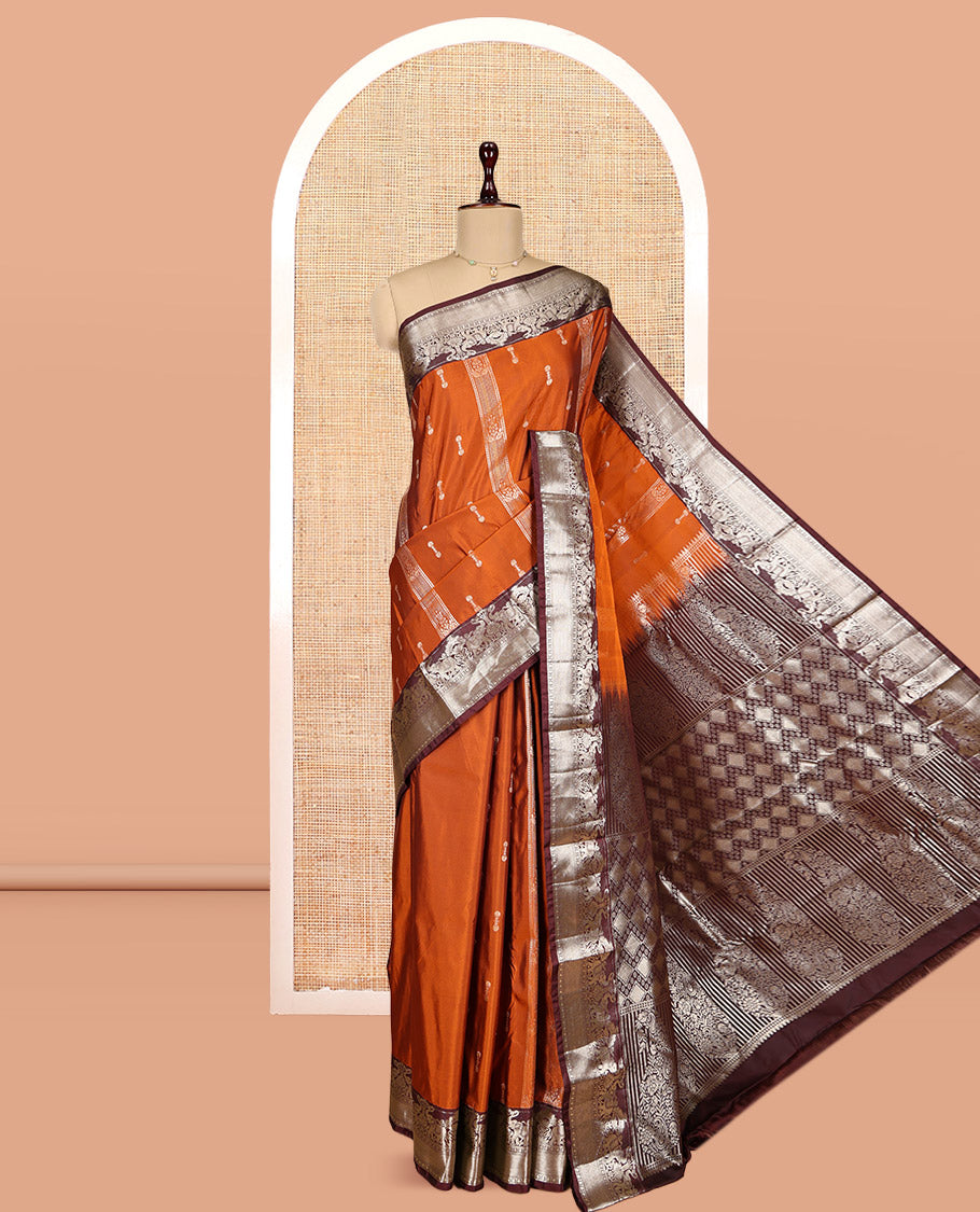 Orange Budget Silk Saree, Woven with Zari Designs, Complemented by a Contrast Traditional Zari Border, Grand Pallu, and a Contrast Blouse