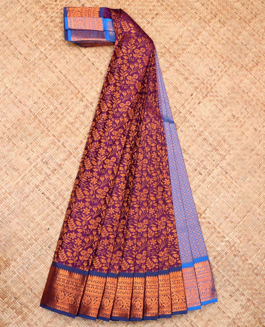 Purple Budget Silk Saree, Embellished with Floral Vine Design, Complemented by Contrast Traditional Floral Creeper Zari Border, a Jaal Pallu and a Contrast Blouse