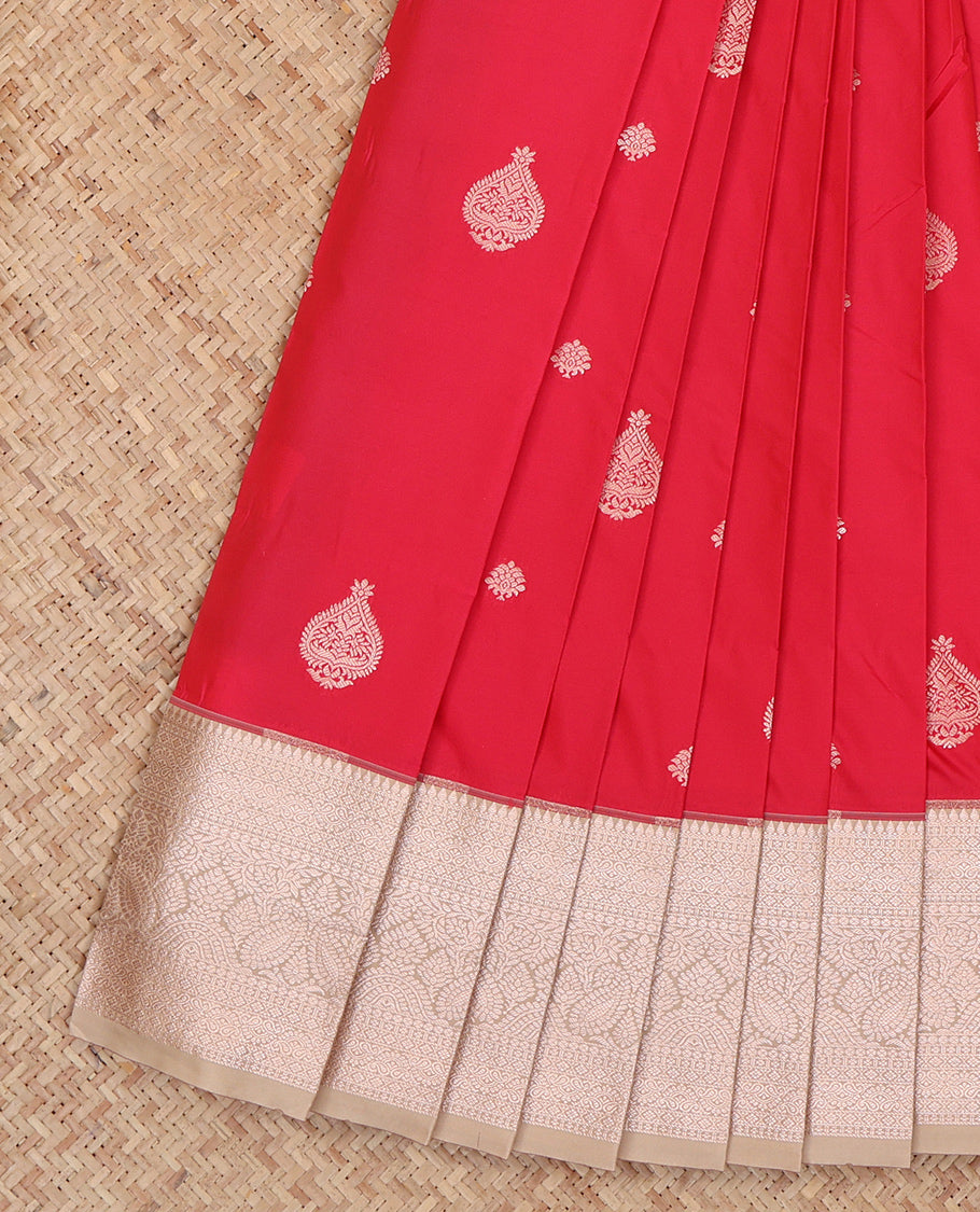 Red Budget Silk Saree, Elevated with Zari Buttas, Complemented by a Contrast Traditional Zari Border, Pallu of Jaal and Paisleys, and a Contrast Blouse