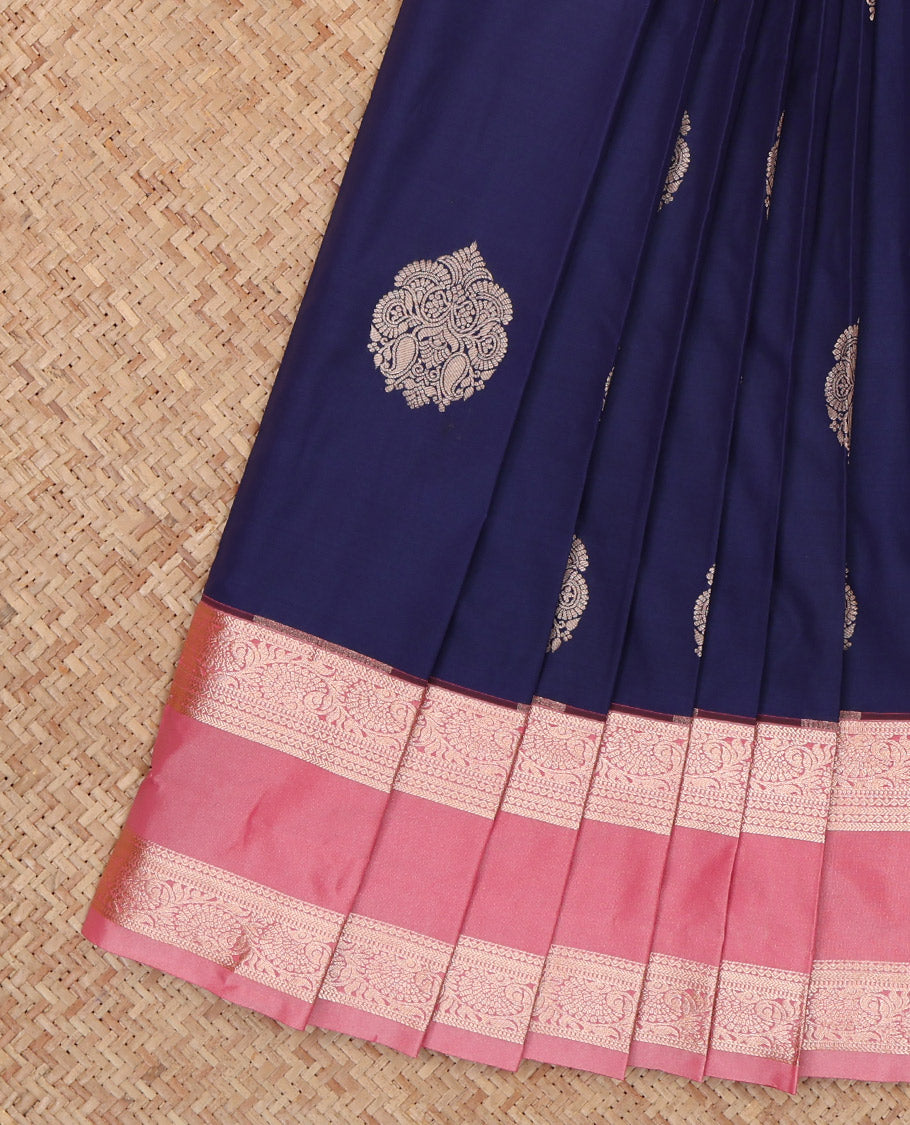 Navy Blue Budget Silk Saree, Graced with Zari Buttas, a Contrast Traditional Rettai Pettu Border, Grand Pallu, and a Contrast Blouse