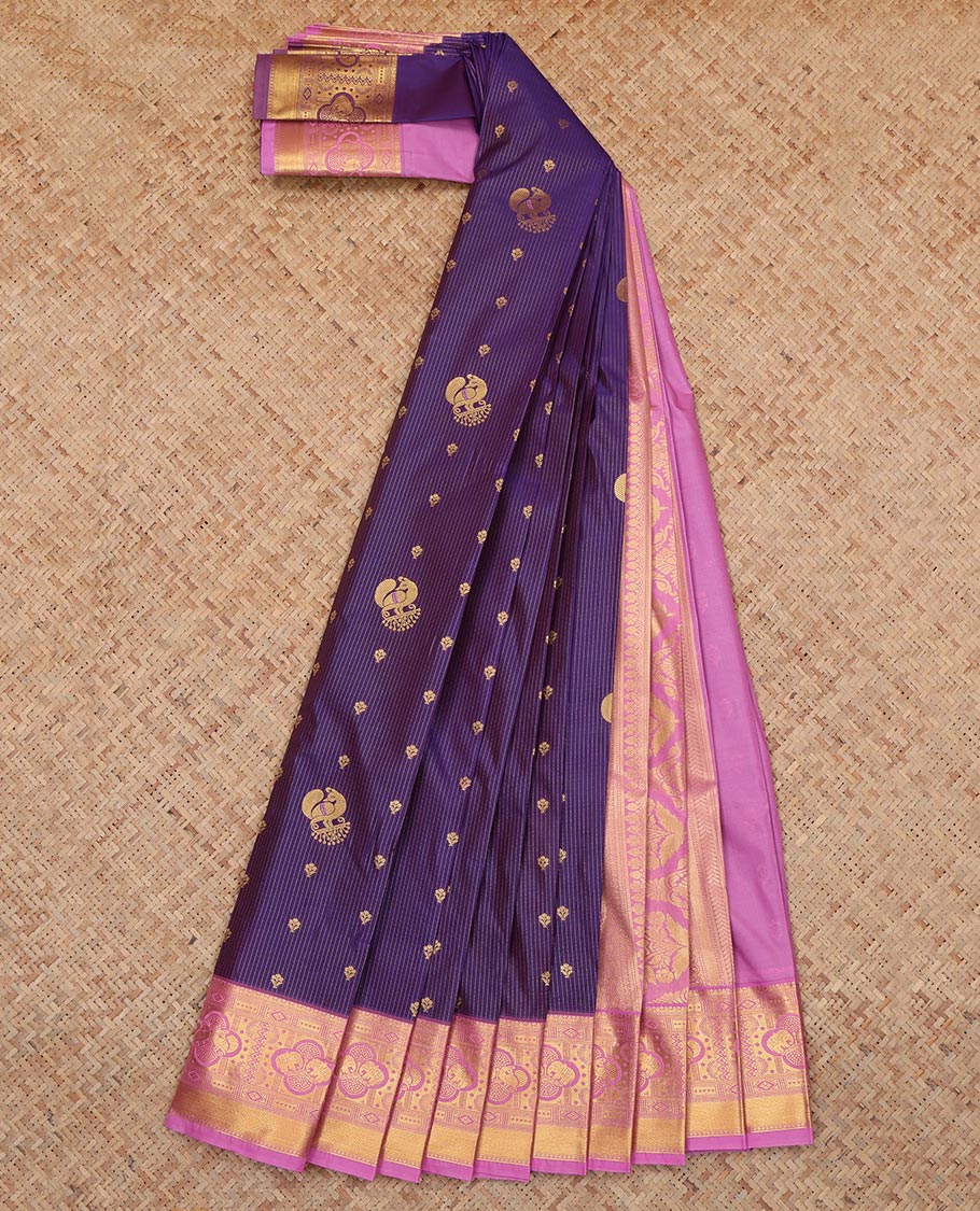 Purple Budget Silk Saree, Decorated with Stripes and Peacock Buttas, a Contrast Traditional Elephant Zari Border, a Grand Pallu and a Contrast Blouse